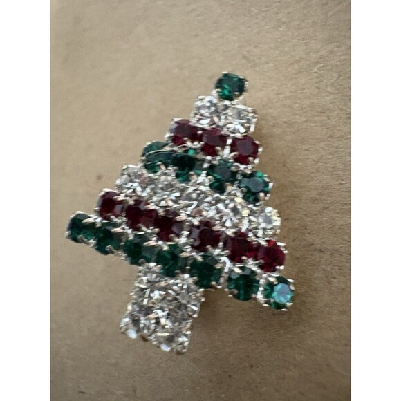 Vintage Rhinestone Red Green Christmas Tree Silver Tone Holidays Petite - Picture 3 of 5